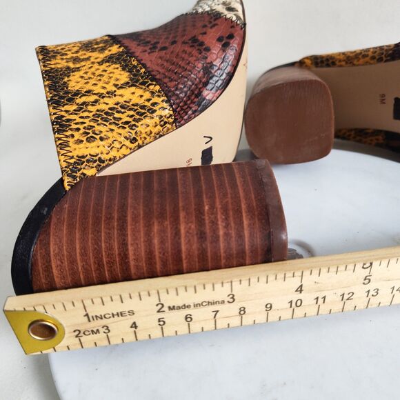 Gibson Latimer Snakeskin Goat Leather Size 9 Open Toe Block Heels Brown Yellow - Picture 12 of 12